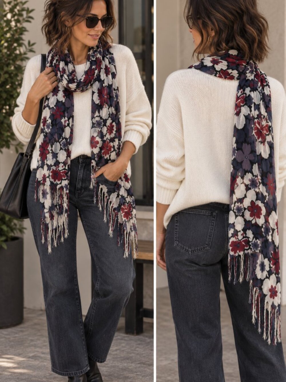 Boho Oversized Floral Fringe Scarf Navy Burgundy Cream Lightweight